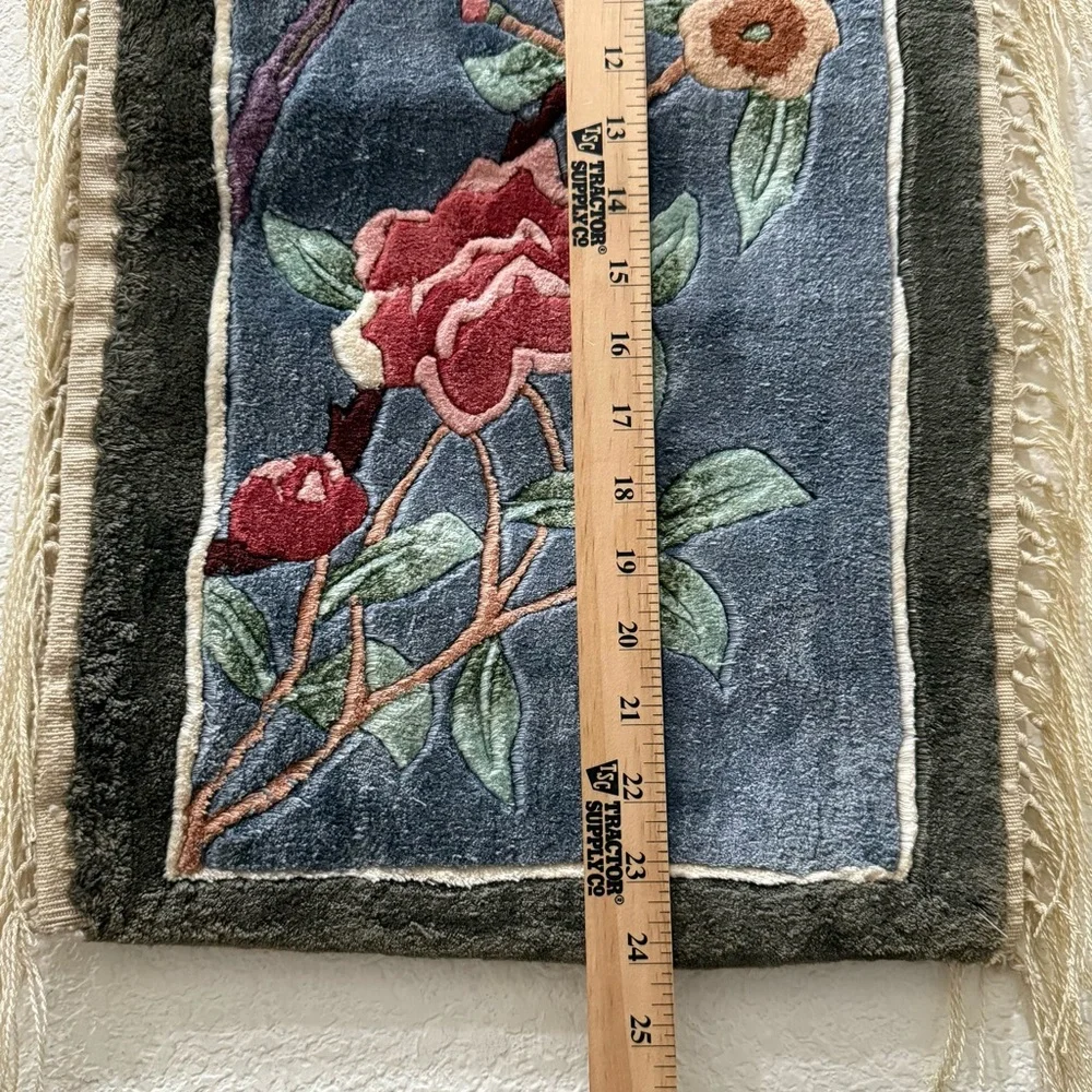 Vintage Hand-Knotted Chinese Silk Bird Flowers Wall Hanging Tapestry Rug 24”X12”